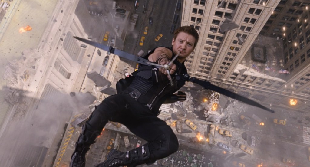 Hawkeye (Jeremy Renner) makes a last-second decision in The Avengers (2012), Marvel Studios