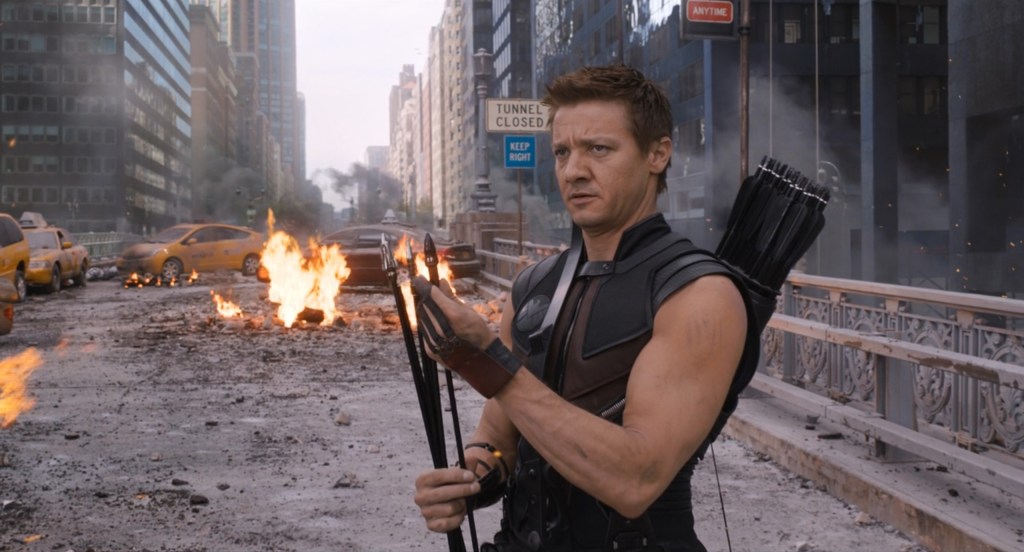 Hawkeye (Jeremy Renner) makes a snarky remark in The Avengers (2012), Marvel Studios