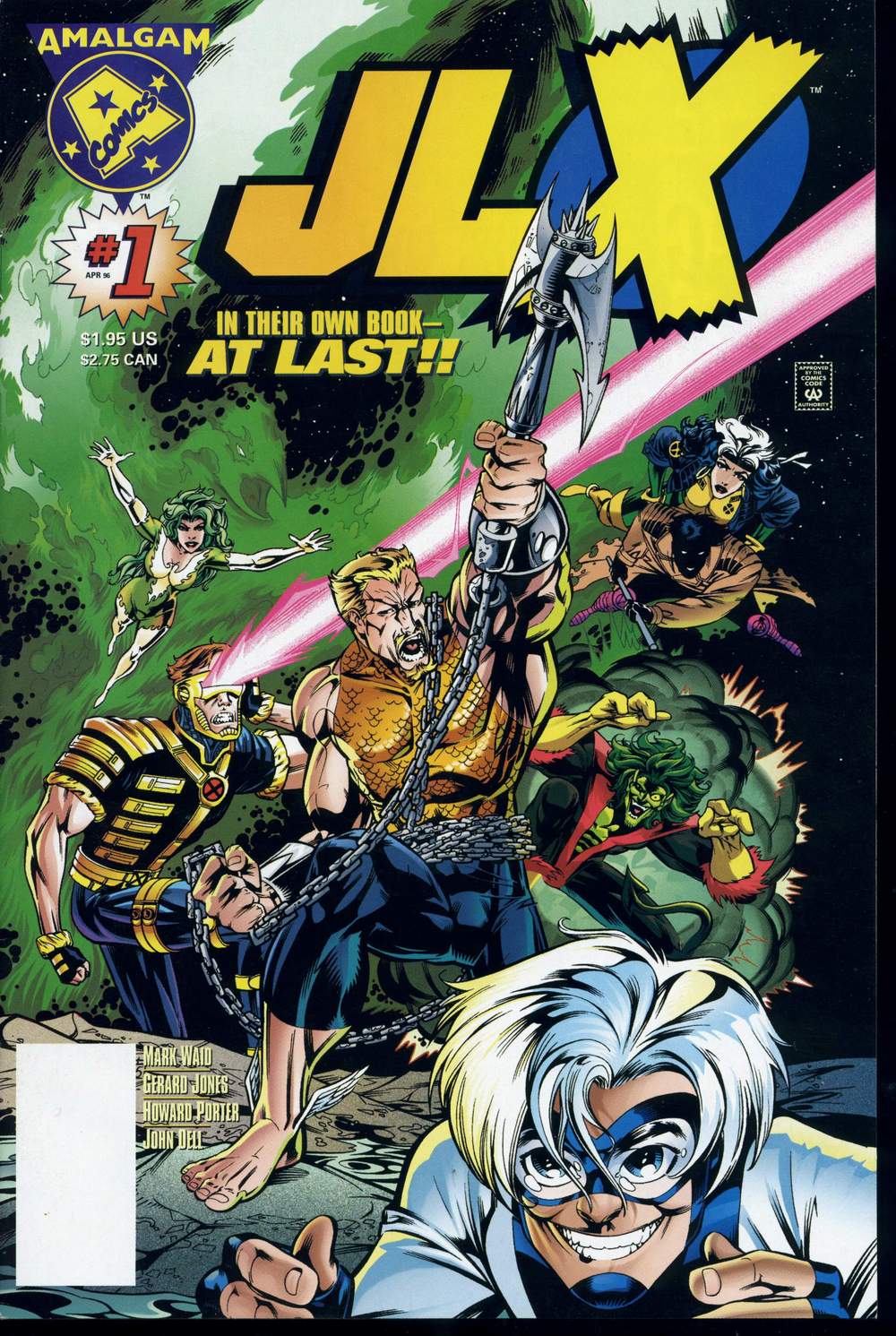 The Judgement League X-Men stand assembled on Howard Porter and John Dell's cover to JLX Vol. 1 #1 "A League of Their Own!" (1996), Marvel Comics/DC