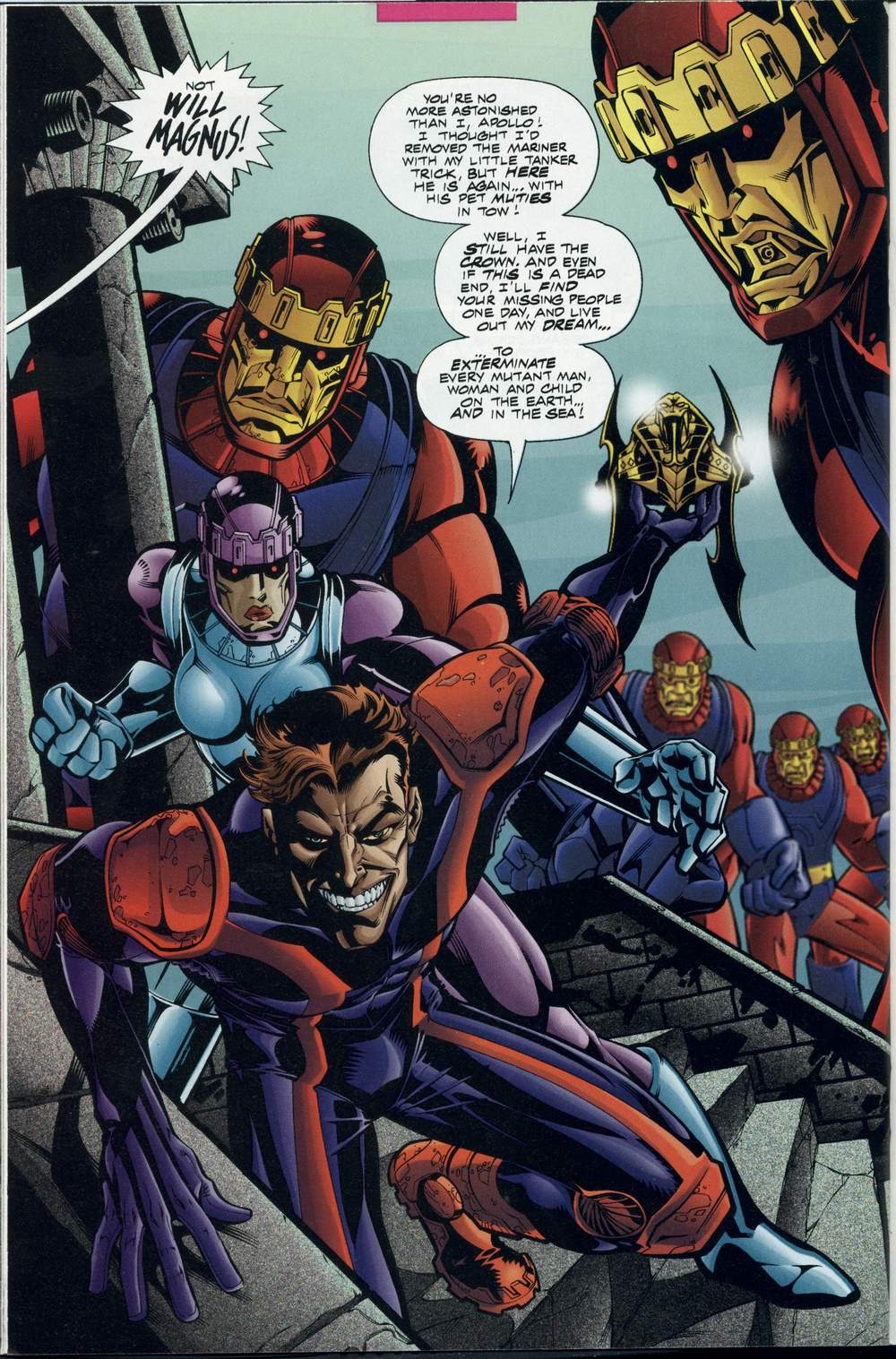 Will Magnus is ready to unleash his Sentinel army in JLX Vol. 1 #1 "A League of Their Own!" (1996), Marvel Comics/DC. Words by Mark Waid and Gerard Jones, art by Howard Porter, John Dell, Gloria Vasquez, and Chris Eliopoulous.