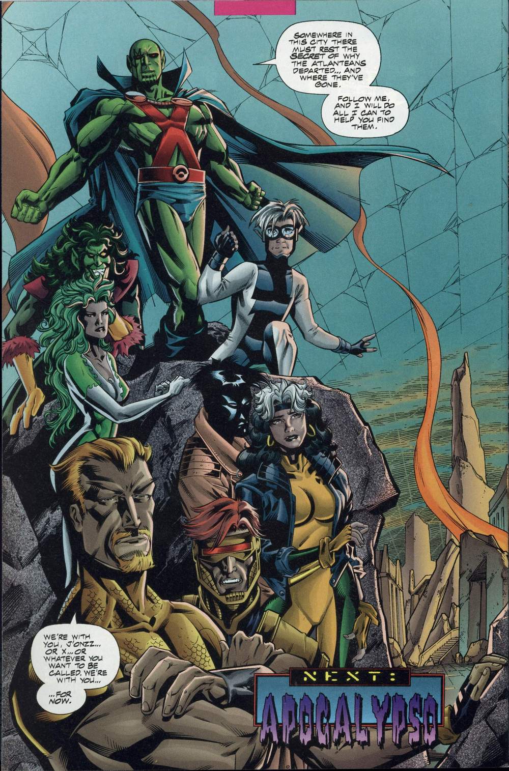 (Clockwise from top) Mister X, Mercury, Wraith, Runaway, Apollo, Firebird, and Nightcreeper prepare to save Atlantis in JLX Vol. 1 #1 "A League of Their Own!" (1996), Marvel Comics/DC. Words by Mark Waid and Gerard Jones, art by Howard Porter, John Dell, Gloria Vasquez, and Chris Eliopoulous.
