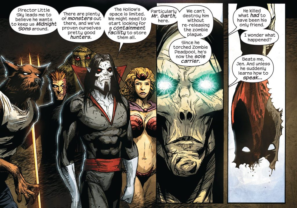 The second incarnation of the Midnight Sons offer themselves up for zombie-hunting duty in Marvel Zombies 4 Vol. 1 #4 "Midnight Sons, Part 4" (2009), Marvel Comics. Words by Fred Van Lente, art by Kev Walker, Jean-François Beaulieu, and Rus Wooton.