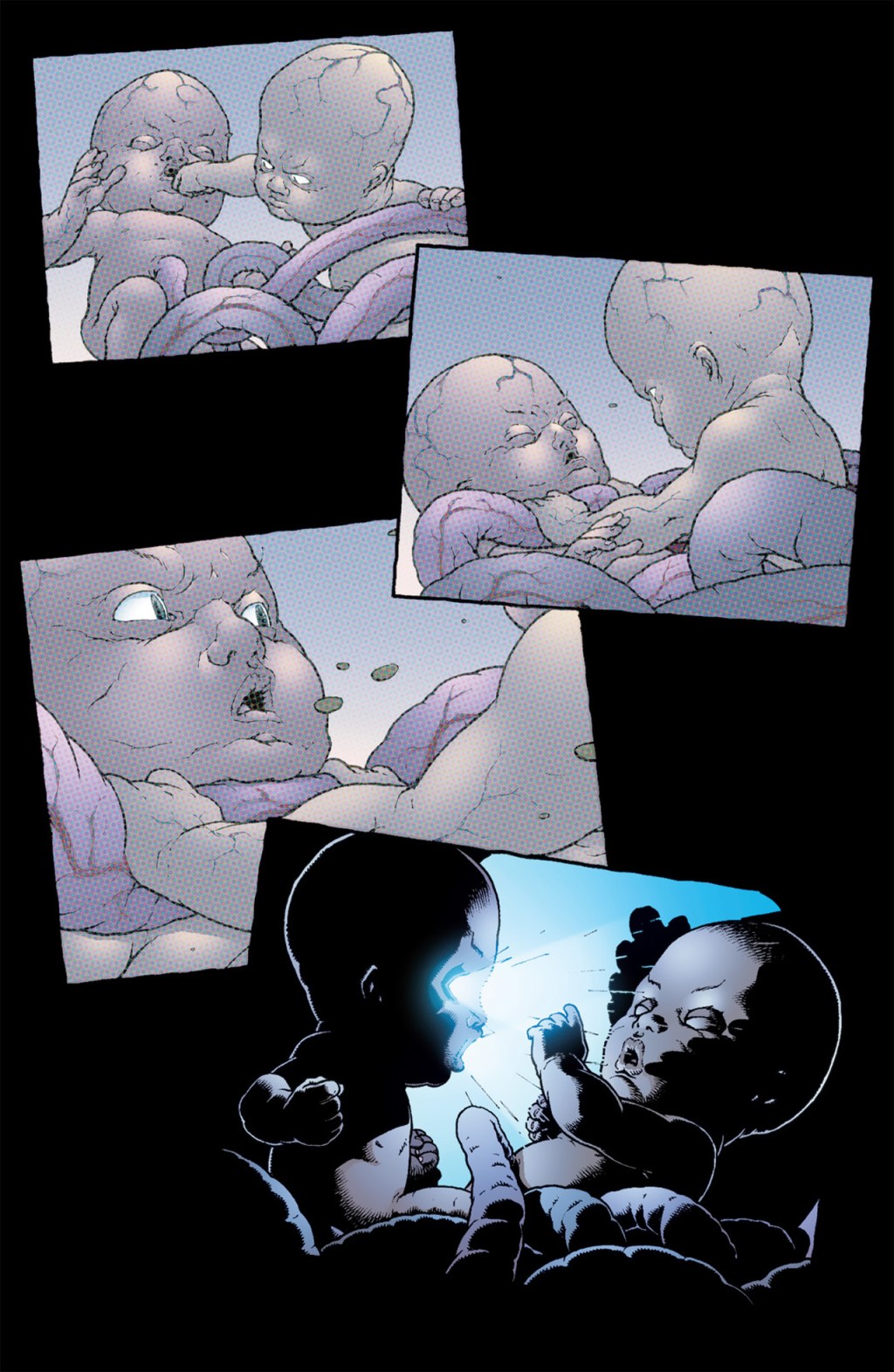 Charles Xavier kills Cassandra Nova in utero out of self-defense in New X-Men Vol. 1 #121 "Silence: Psychic Rescue In Progress" (2002), Marvel Comics. Words by Grant Morrison, art by Frank Quitely, Hi-Fi Design, and Richard Starkings.