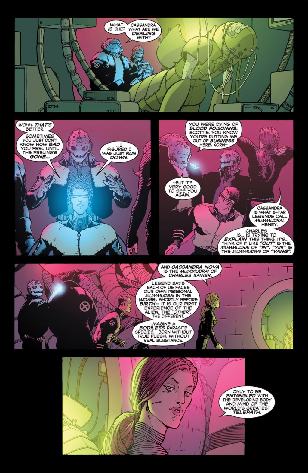 Jean Grey reveals the origins of Cassandra Nova in New X-Men Vol. 1 #126 "All Hell" (2002), Marvel Comics. Words by Grant Morrison, art by Frank Quitely, Tim Townsend, Brian Haberlin, Richard Starkings, and Saida Temofonte.