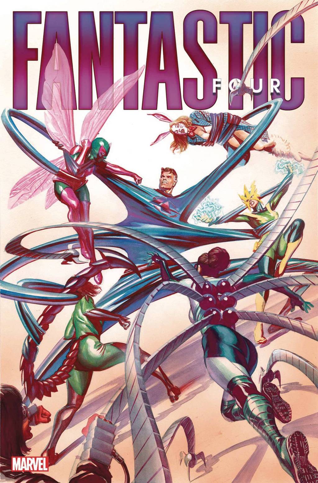 Reed Richards single-handedly takes on the Syndicate on Ale Ross' cover to Fantastic Four Vol. 7 #14 "The Unforeseeable Future" (2023), Marvel Comics