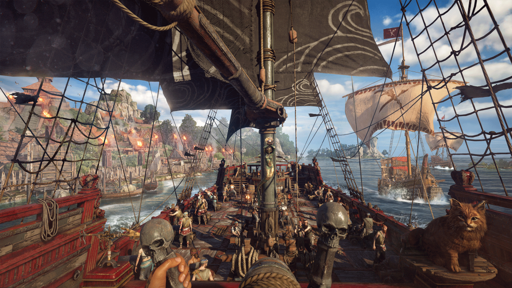 The player steers their ship along the coast while the crew work, and other ships (and a peg-legged cat) are to starboard in Skull and Bones (2024), Ubisoft