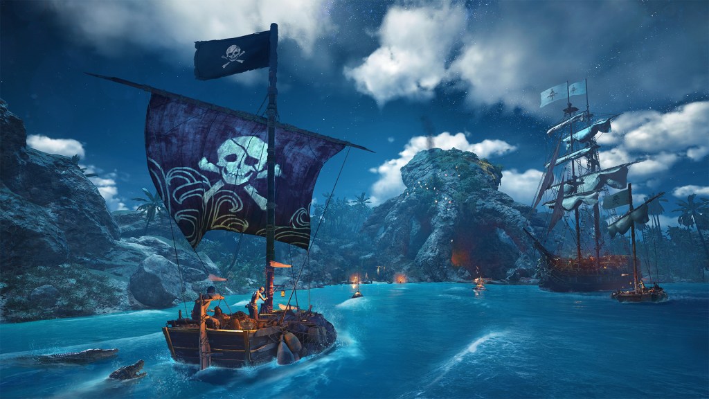 A diminutive ship holding two pirates sails towards a cove and a much more impressive vessel in Skull and Bones (2024), Ubisoft