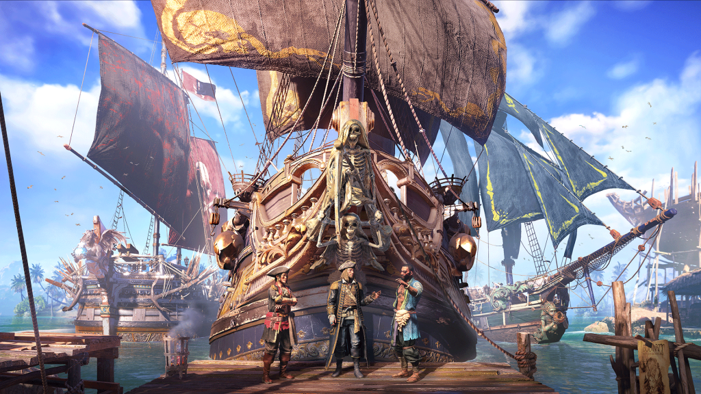 Three pirates talk in front of impressive ships at harbor in Skull and Bones (2024), Ubisoft
