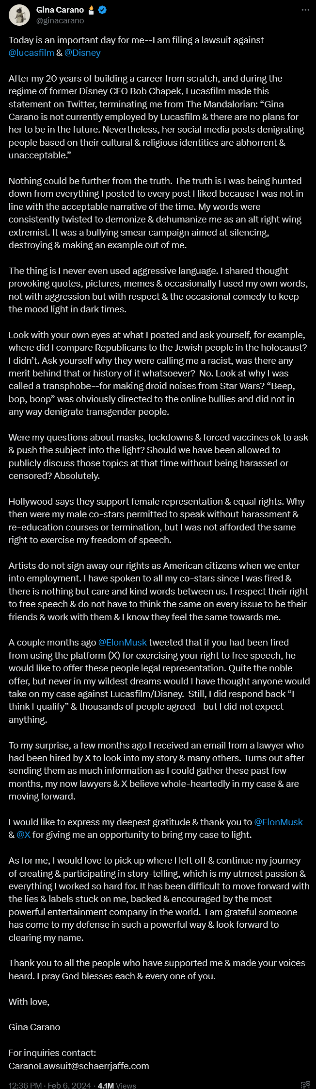 Gina Carano anuncia ação legal contra Lucasfilm e Disney