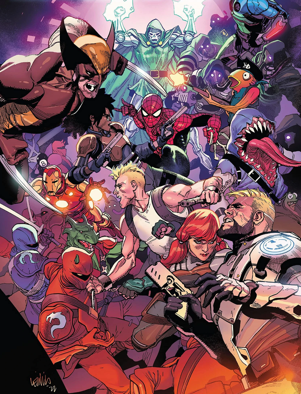 All Hell breaks loose on Leinil Francis Yu and Sunny Gho's cover to Fortnite x Marvel: Zero War Vol. 1 #5 (2022), Marvel Comics
