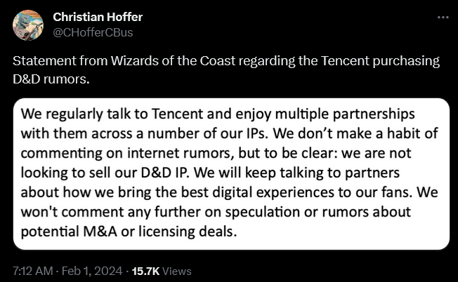 Christian Hoffer shares a statement from Wizards of the Coast regarding the rumor of Dungeons & Dragons' sale to Tencent