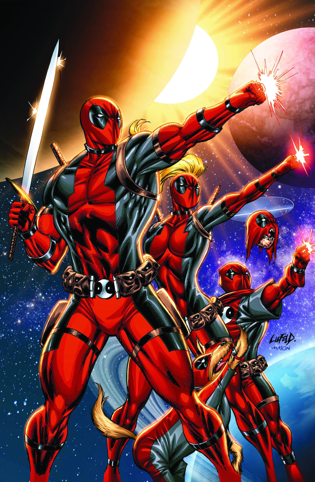 The Deadpool Corps assembles on Rob Liefeld and Thomas Mason's cover to Deadpool Corps Vol. 1 #11 (2011), Marvel Comics