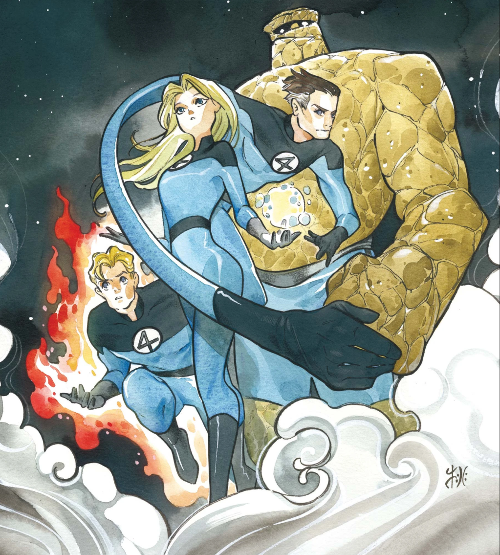 The Fantastic Four stand at the ready on Peach Momoko's variant cover to Reckoning War: Trial of the Watcher Vol. 1 #1 "What if the Watcher had never Interfered?" (2022), Marvel Comics