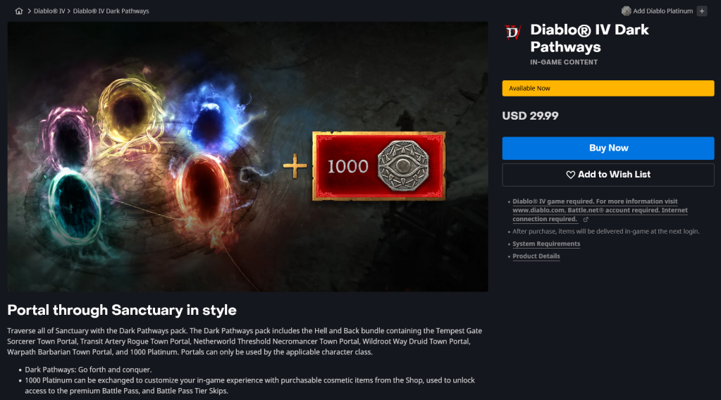The Dark Pathways DLC as available for purchase in Diablo IV (2023), Blizzard Entertainment