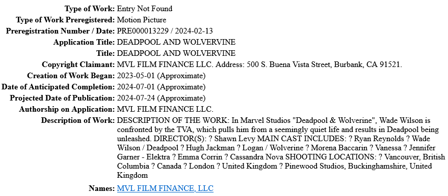 Marvel Studios' official U.S. Copyright filing for Deadpool & Wolverine (2024), Marvel Entertainment