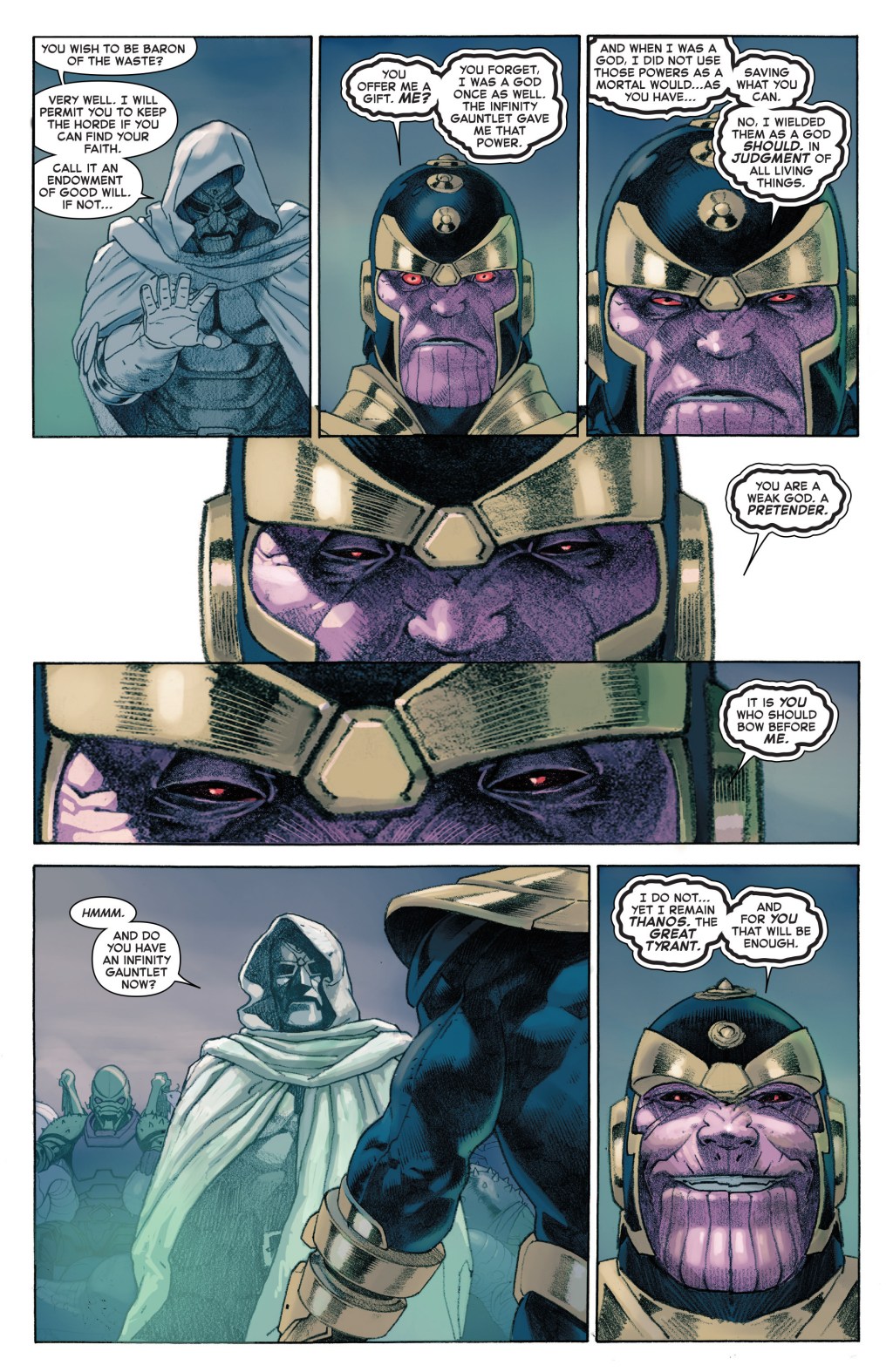 Thanos desafia Deus Imperador Doom em Secret Wars Vol. 1 #8 "Sob Siege" (2016), Marvel Comics. Palavras de Jonathan Hickman, arte de Esad Ribić, Ive Svorcina e Chris Eliopoulos.