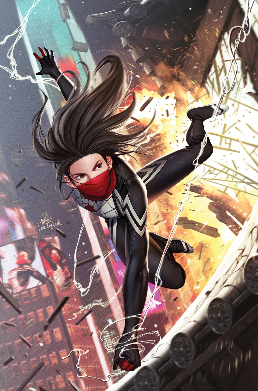 Cindy Moon dodges a blast on InHyuk Lee's cover to Silk Vol. 4 #5 (2022), Marvel Comics