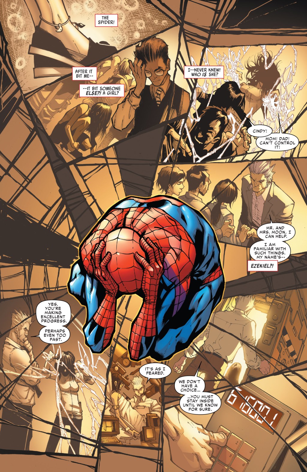 Peter Parker learns of Silk's existence courtesy of The Orb's use of The Watcher's eye in Amazing Spider-Man Vol. 3 #4 (2014), Marvel Comics. Words by Dan Slott, art by Humberto Ramos, Victor Olazaba, Edgar Delgado, and Chris Eliopoulos.
