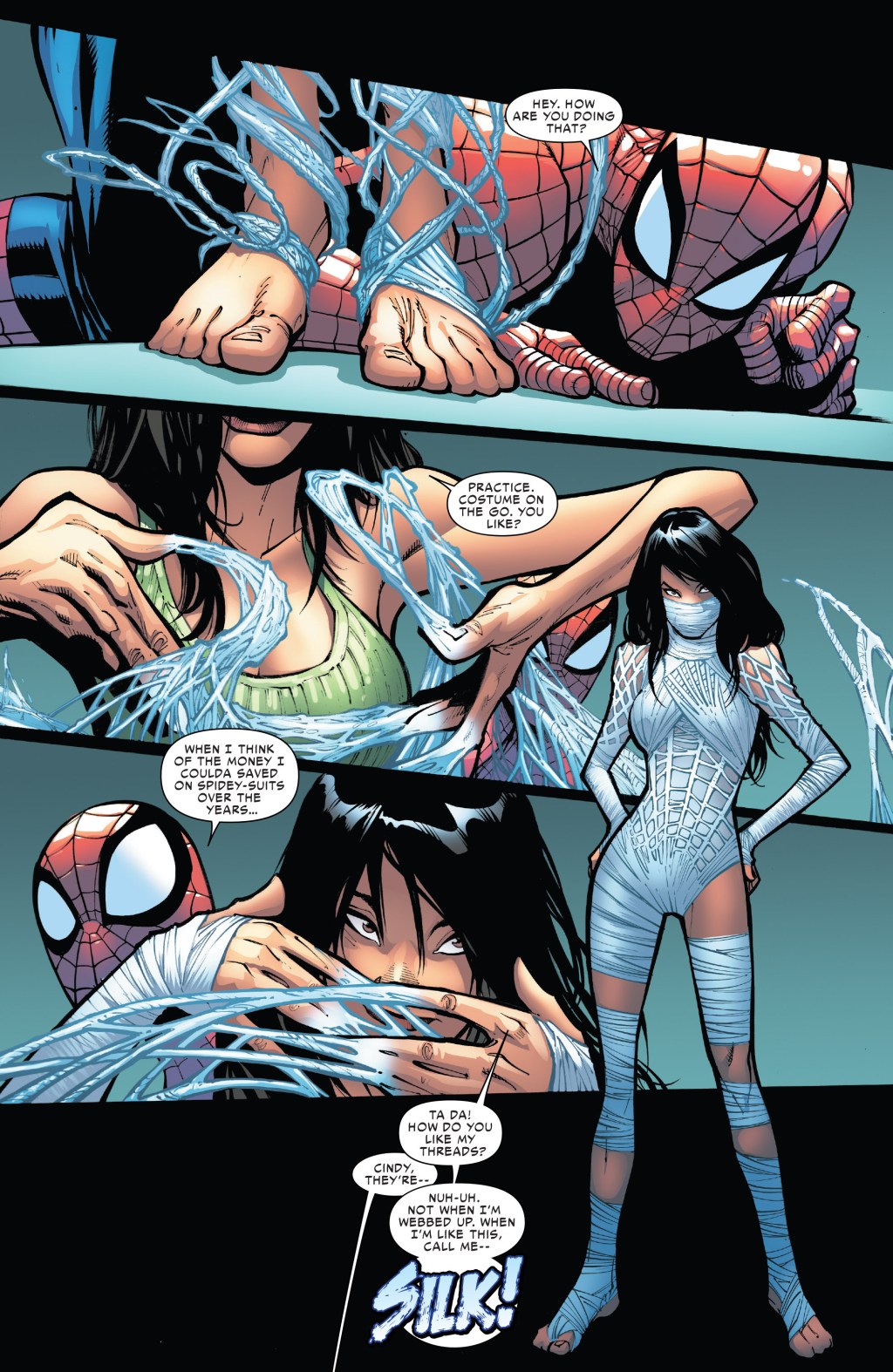 Silk spins her first costume in Amazing Spider-Man Vol. 3 #4 (2014), Marvel Comics. Words by Dan Slott, art by Humberto Ramos, Victor Olazaba, Edgar Delgado, and Chris Eliopoulos.