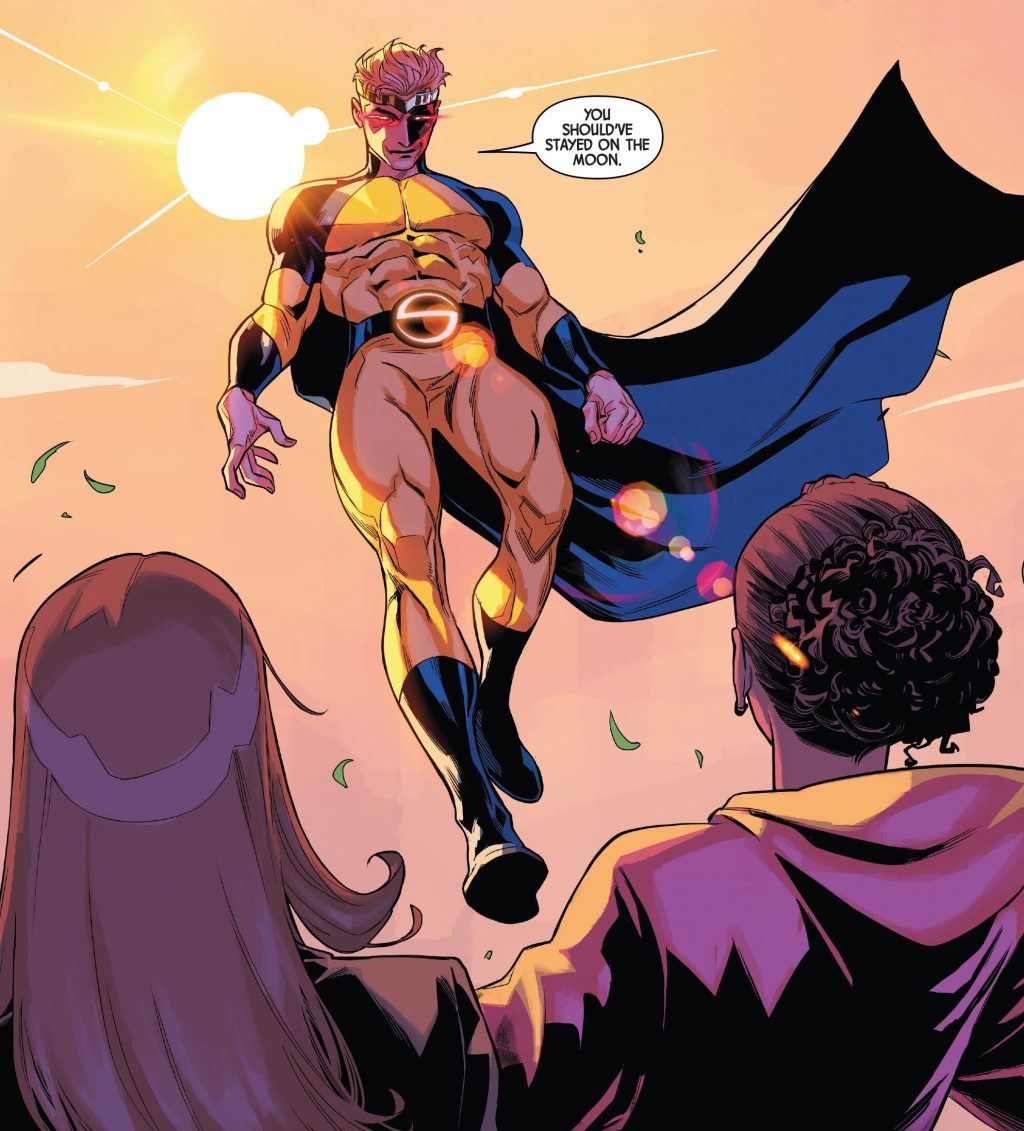 Ryan Topper confronts Jessica Jones and Mallory Gibbs with the intent of taking the latter's power in Sentry Vol. 4 #3 "Legacy: Part III" (2024), Marvel Comics. Words by Jason Loo, art by Luigi Zagaria, David Cutler, Arthur Hesli, and Joe Caramgna.