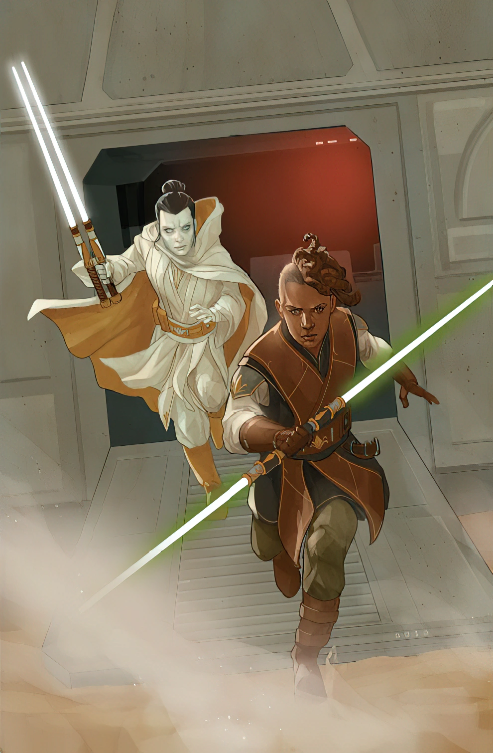 Keeve Trennis and Orla Jareni draw their lightsabers on Phil Noto's cover to Star Wars - The High Republic Vol. 1 Issue #8 "Chapter III: The Roots of Terror" (2021), Marvel Comics