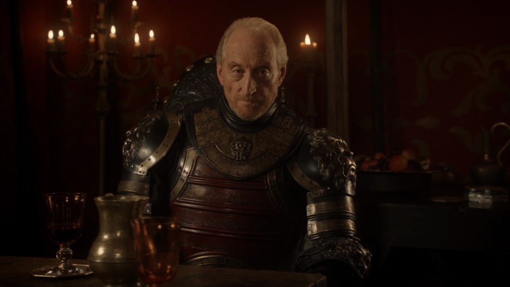 Tywin Lannister (Charles Dance) appoints his son Tyrion Lannister (Peter Dinklage) "Hand of the King" in Game of Thrones Season 1 Episode 10 "Fire and Blood" (2011), HBO Entertainment