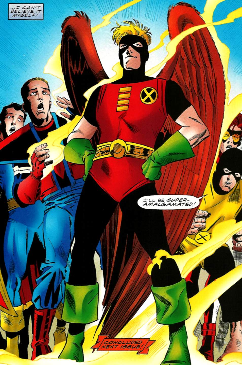 Access discovers his ability to fuse individuals, courtesy of Angel and Tim Drake in Unlimited Access Vol. 1 #3 "The Greatest Heroes of All Time!" (1998), Marvel Comics / DC Comics. Words by Karl Kesel, art by Pat Olliffe.