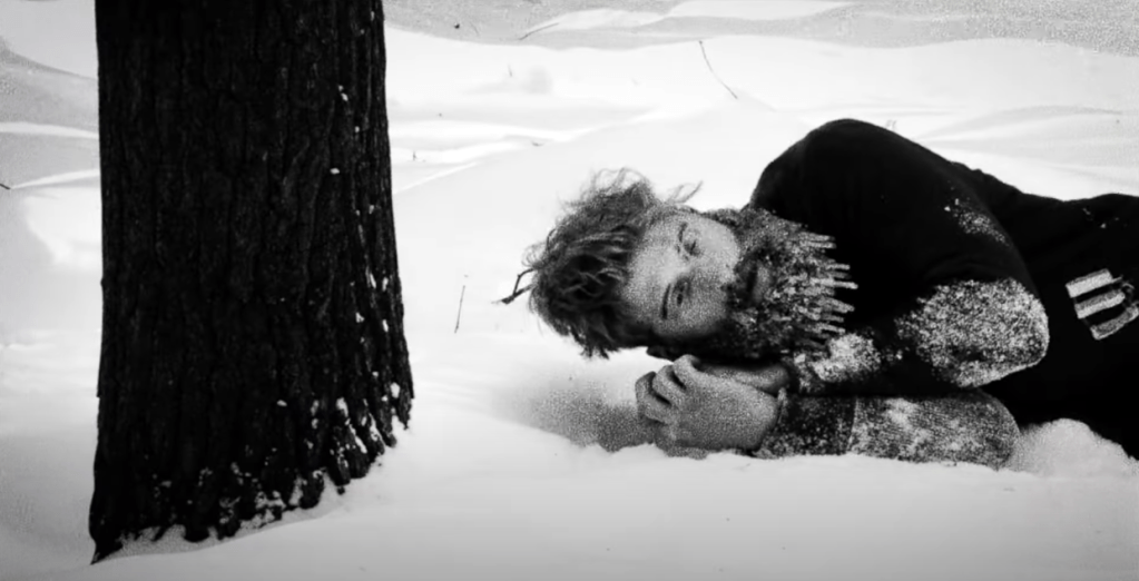 Trapper Jean Kayak wakes up in the snow in Hundreds of Beavers (2024), SRH