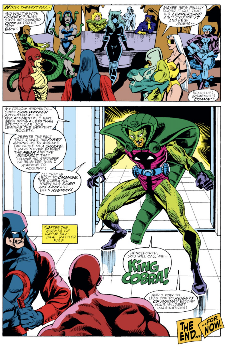 The Serpent Society receives new leadership in Captain America Vol.1 Issue #367 "Magnetic Repulsion" (1968), Marvel Comics. Words by Mark Gruenwald. Art by Kieron Dwyer, Danny Bulanadi, and Steve Buccellato.