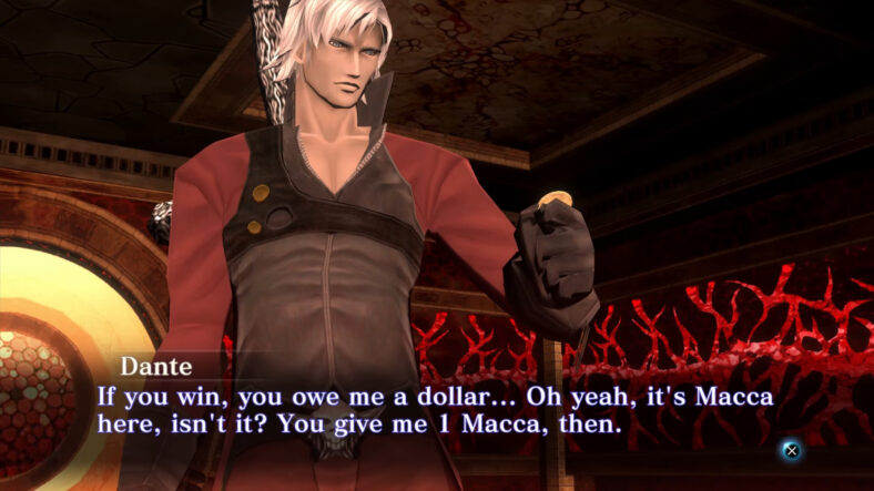 Dante (Reuben Langdon) makes a bet with the Demi-Fiend (Christian La Monte) in Shin Megami Tensei 3 Nocturne HD Remaster (2021), Atlus