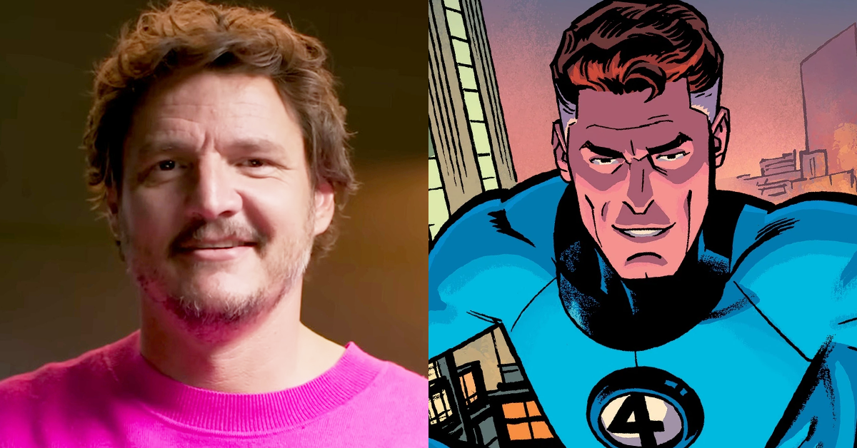 Pedro Pascal takes a lie detector test for Vanity Fair (2023) / Mr. Fantastic stretches out on Chris Samnee's variant cover to Fantastic Four Vol. 1 #643 "Back in Blue: Part 3" (2015), Marvel Comics