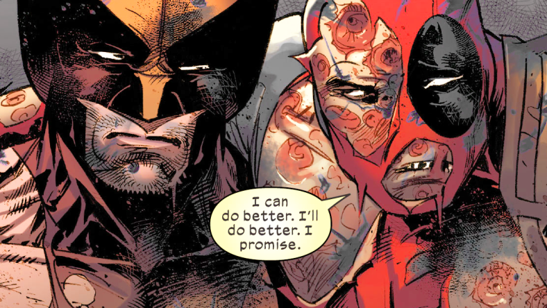 Deadpool has an apology for Wolverine in Wolverine Vol. 7 #23 "Old Haunts" (2022), Marvel Comics. Words by Benjamin Percy, art by Adam Kubert, Frank Martin, and Cory Petit.