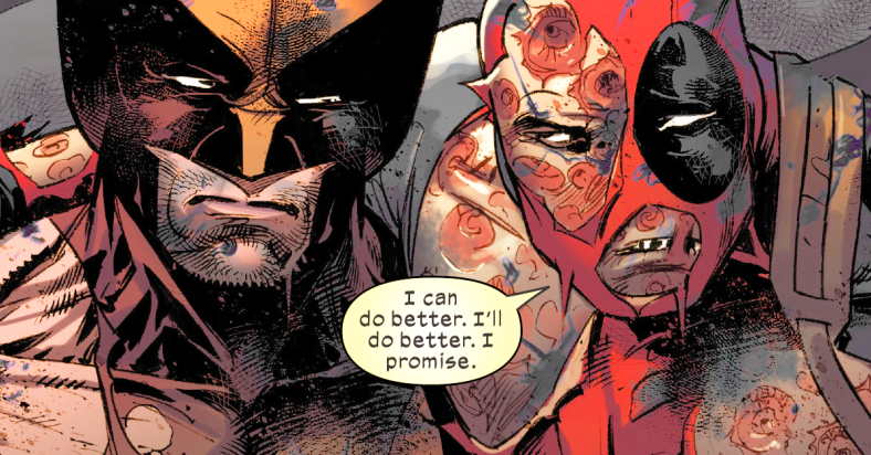 Deadpool has an apology for Wolverine in Wolverine Vol. 7 #23 "Old Haunts" (2022), Marvel Comics. Words by Benjamin Percy, art by Adam Kubert, Frank Martin, and Cory Petit.