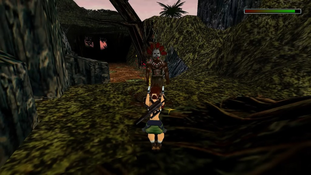 Lara Croft takes aim at a Tribesman enemy in Tomb Raider III: Adventures of Lara Croft (1998), Eidos Interactive