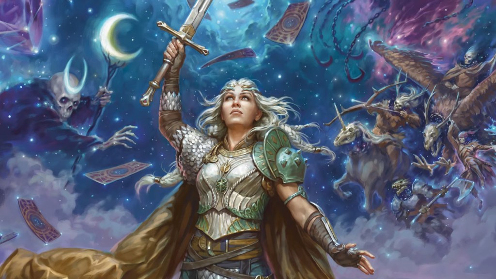 Asteria raises her blade on the cover to Dungeons & Dragons: The Book of Many Things (2023), Wizards of the Coast
