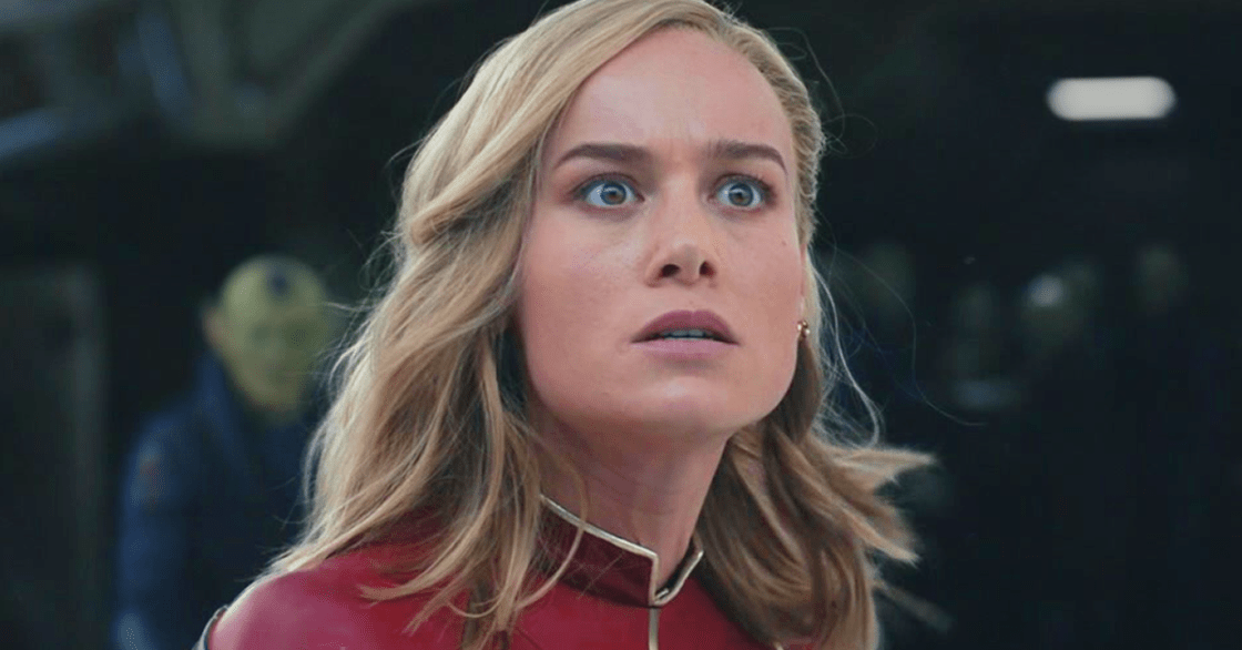 Captain Marvel (Brie Larson) watches on in horror as the Kree invade Tarnax in The Marvels (2023), Marvel Entertainment