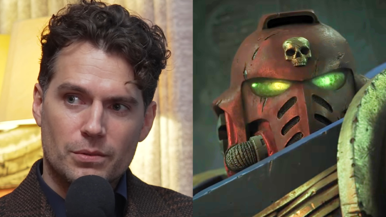 Henry Cavill talks 'Warhammer 40K' during a February 5th appearance on Josh Horowitz's 'Happy Sad Confused' podcast / A Space Marine Sergeant surveys the battle field in Warhammer 40,000: Cinematic Trailer (2020), Games Workshop