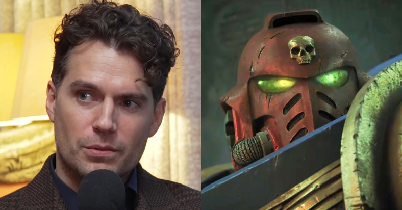 Henry Cavill talks 'Warhammer 40K' during a February 5th appearance on Josh Horowitz's 'Happy Sad Confused' podcast / A Space Marine Sergeant surveys the battle field in Warhammer 40,000: Cinematic Trailer (2020), Games Workshop