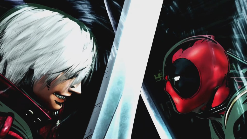 Dante (Reuben Langdon) measures swords with Deadpool (Nolan North) in Marvel vs. Capcom 3: Fate of Two Worlds (2011), Capcom
