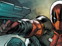 Deadpool draws on Agent Daedalus in Deadpool: Bad Blood Vol. 1 #1 (2017), Marvel Comics. Words by Chris Sims and Chad Bowers, art by Rob Liefeld, Shelby Roebrtson, Adelso Corona, Marat Mychaels, Romulo Fajardo, Jr., and Joe Sabino.