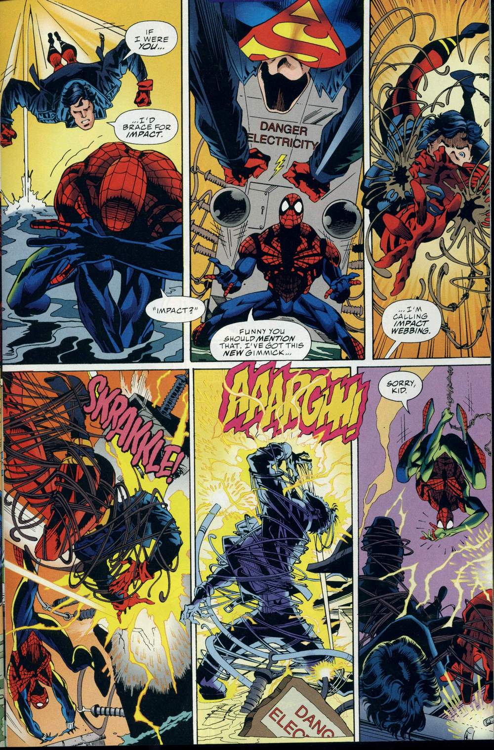 Ben Reilly proves experience wins out over brute force in Marvel Versus DC Vol. 1 #3 "Round Three" (1996), Marvel Comics/DC. Words by Ron Marz, art by Dan Jurgens, Claudio Casteliini, Joe Rubinstein, Paul Neary, Gregory Wright, and Bill Oakley.