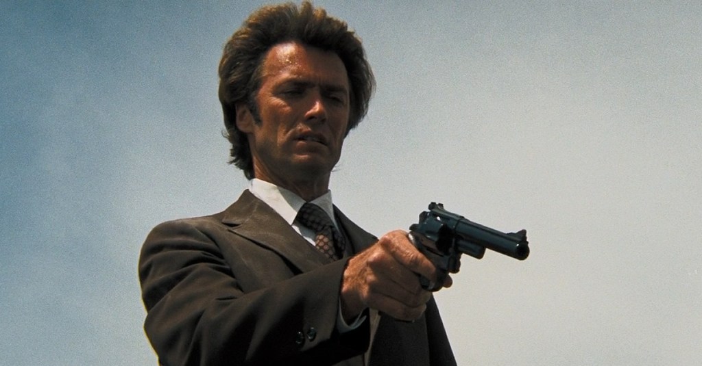 Harry Callahan (Clint Eastwood) holds Scorpio at gunpoint in Dirty Harry (1971), Warner Bros.