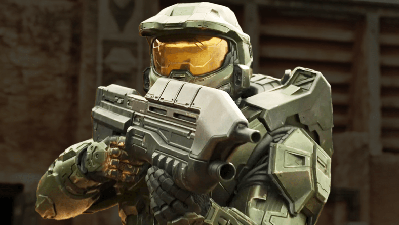 Master Chief (Pablo Schreiber) draws his assault rifle in Halo Season 1 Episode 1 "Contact" (2022), Paramount Plus