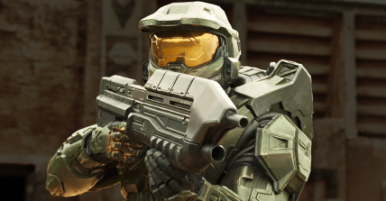 Master Chief (Pablo Schreiber) draws his assault rifle in Halo Season 1 Episode 1 "Contact" (2022), Paramount Plus