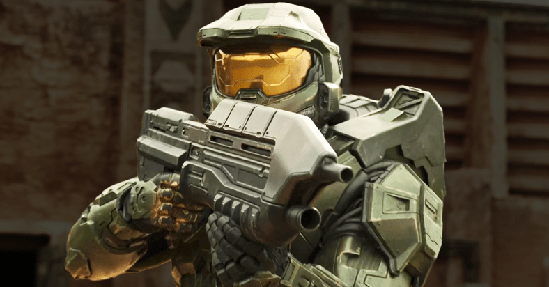 Master Chief (Pablo Schreiber) draws his assault rifle in Halo Season 1 Episode 1 "Contact" (2022), Paramount Plus
