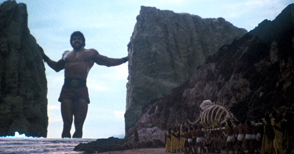 Hercules (Lou Ferrigno) grows to enormous size and splits the continents in Hercules (1983), Golan-Globus