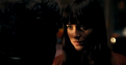 Cassandra Webb (Dakota Johnson) confronts Ezekiel Sims (Tahar Rahim) in Madame Web (2024), Sony Pictures Releasing