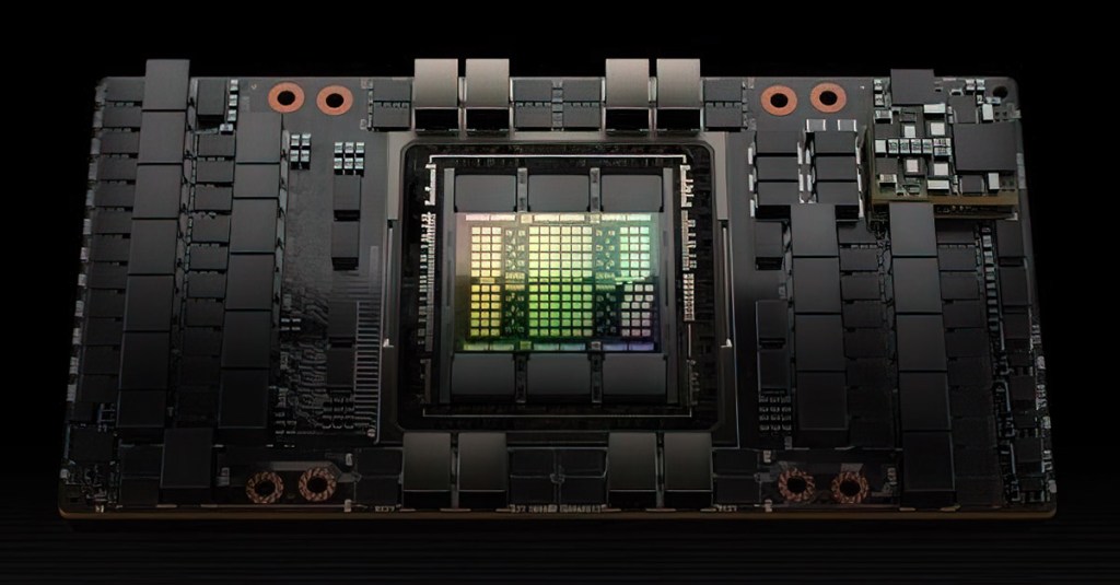 A product shot of Nvidia's H-100 data center cards, from the official website