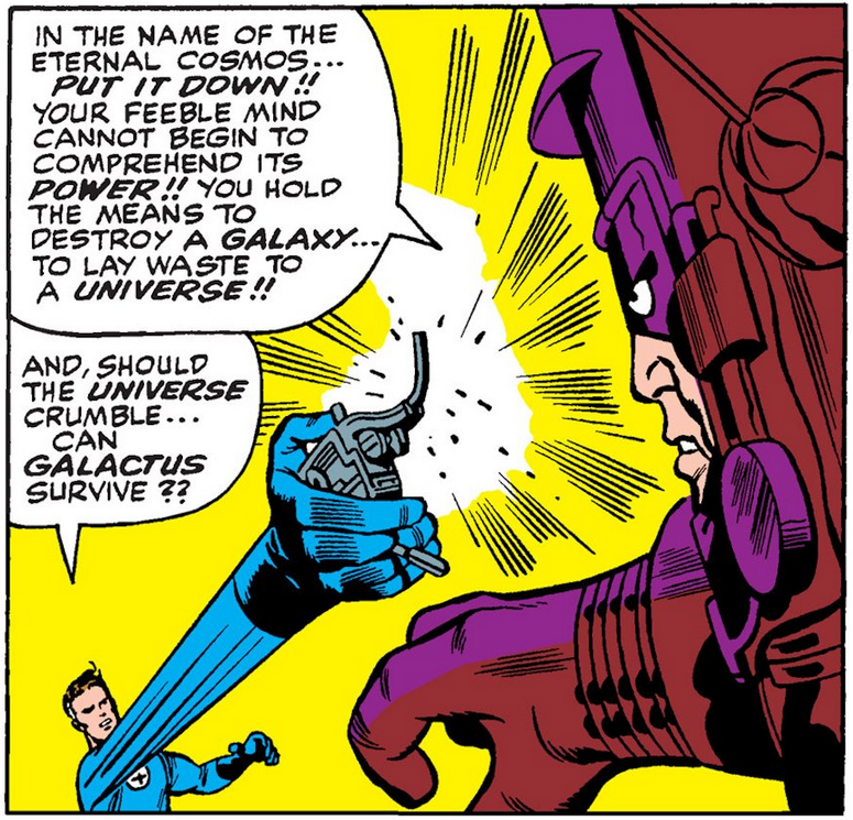 Mr. Fantastic threatens Galactus with the Ultimate Nullifer in Fantastic Four Vol. 1 #50 "The Startling Saga of the Silver Surfer!" (1966), Marvel Comics. Words by Stan Lee, art by Jack Kirby, Joe Sinnot, Stan Goldberg, and Sam Rosen.
