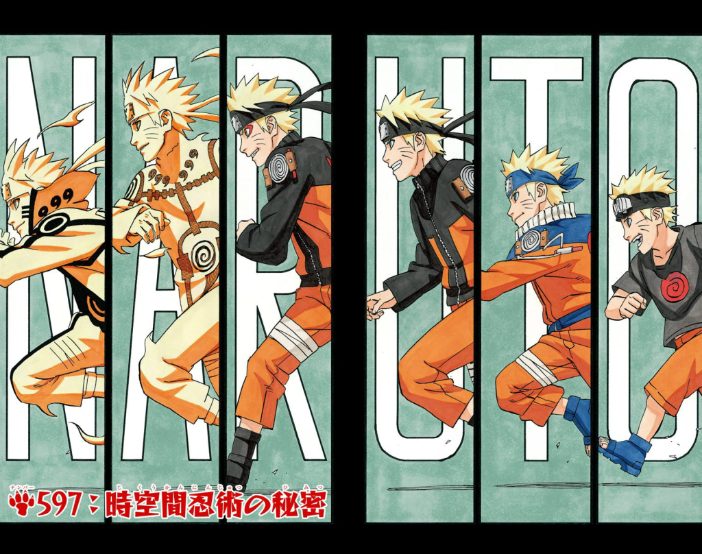 The many of lives of Naruto as depicted on Masashi Kishimoto's color spread to Naruto Chapter 597 "The Secret of the Space–Time Ninjutsu" (2012), Shueisha